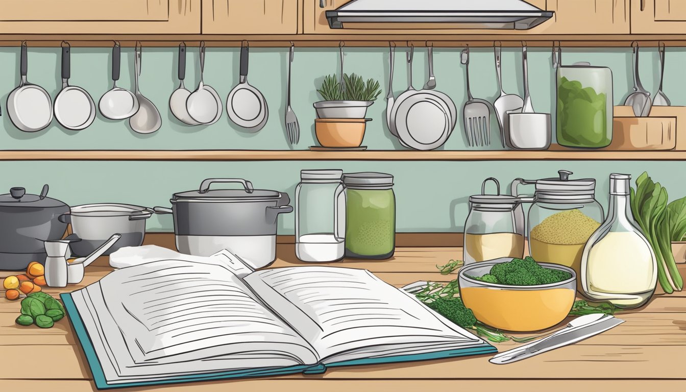 A kitchen with labeled low FODMAP ingredients, organized utensils, and a recipe book open to a low FODMAP recipe