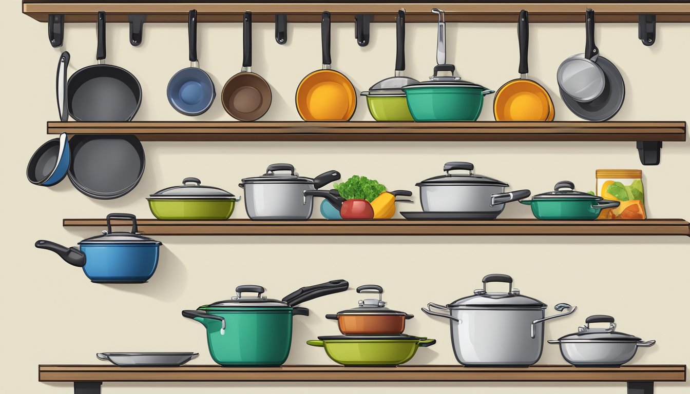 A neatly organized kitchen shelf holds various woks and stir fry pans, each carefully placed to avoid scratches or damage