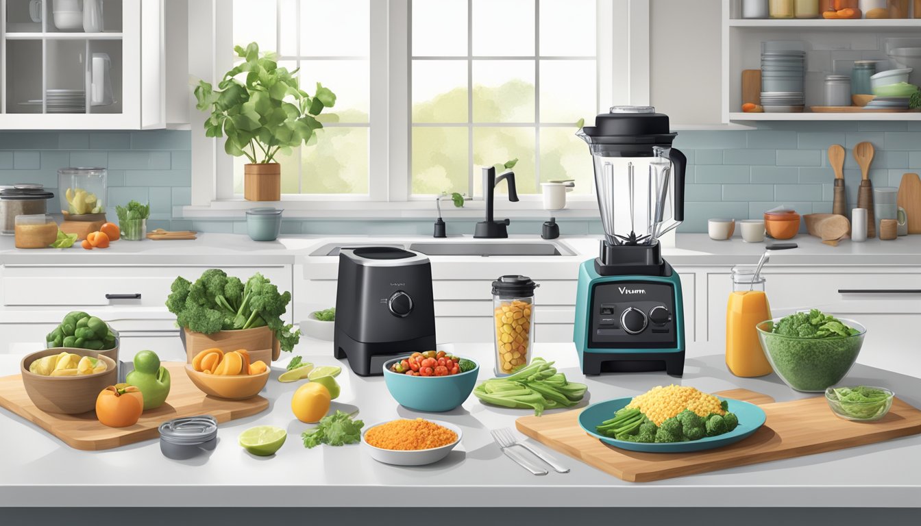 A neatly organized kitchen counter with a Vitamix blender, fresh ingredients, and dinner party tableware