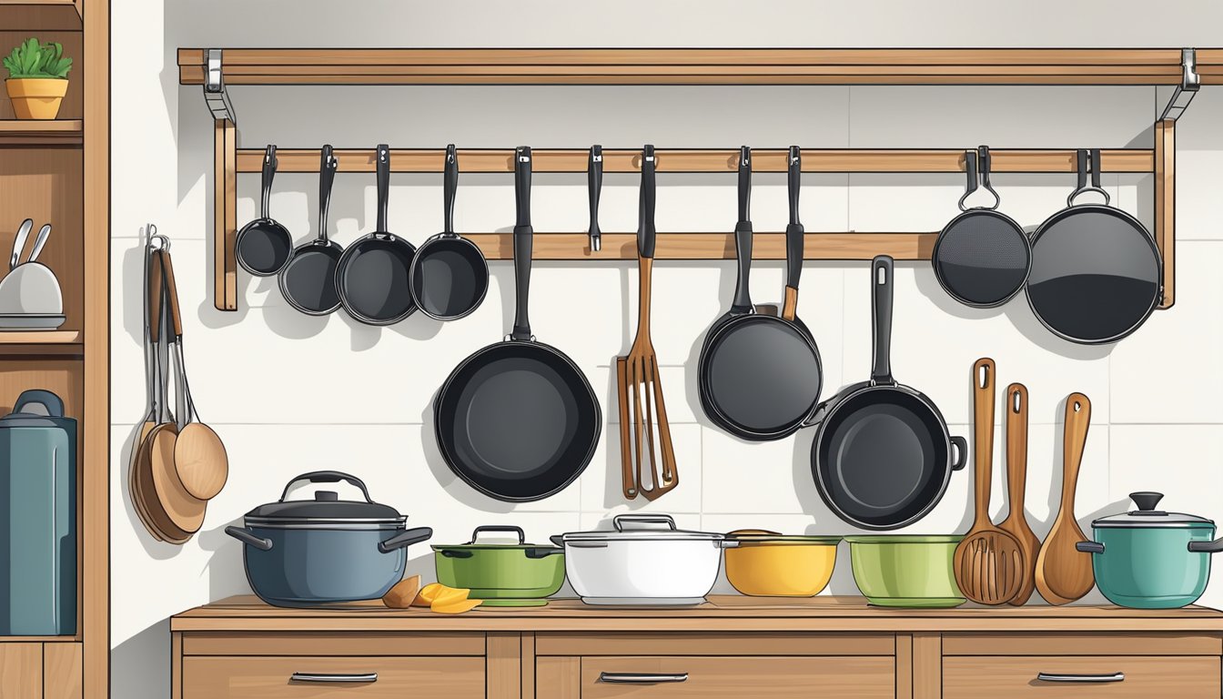 A wall-mounted rack holds neatly organized woks and stir fry pans, with hooks and shelves for easy access and storage