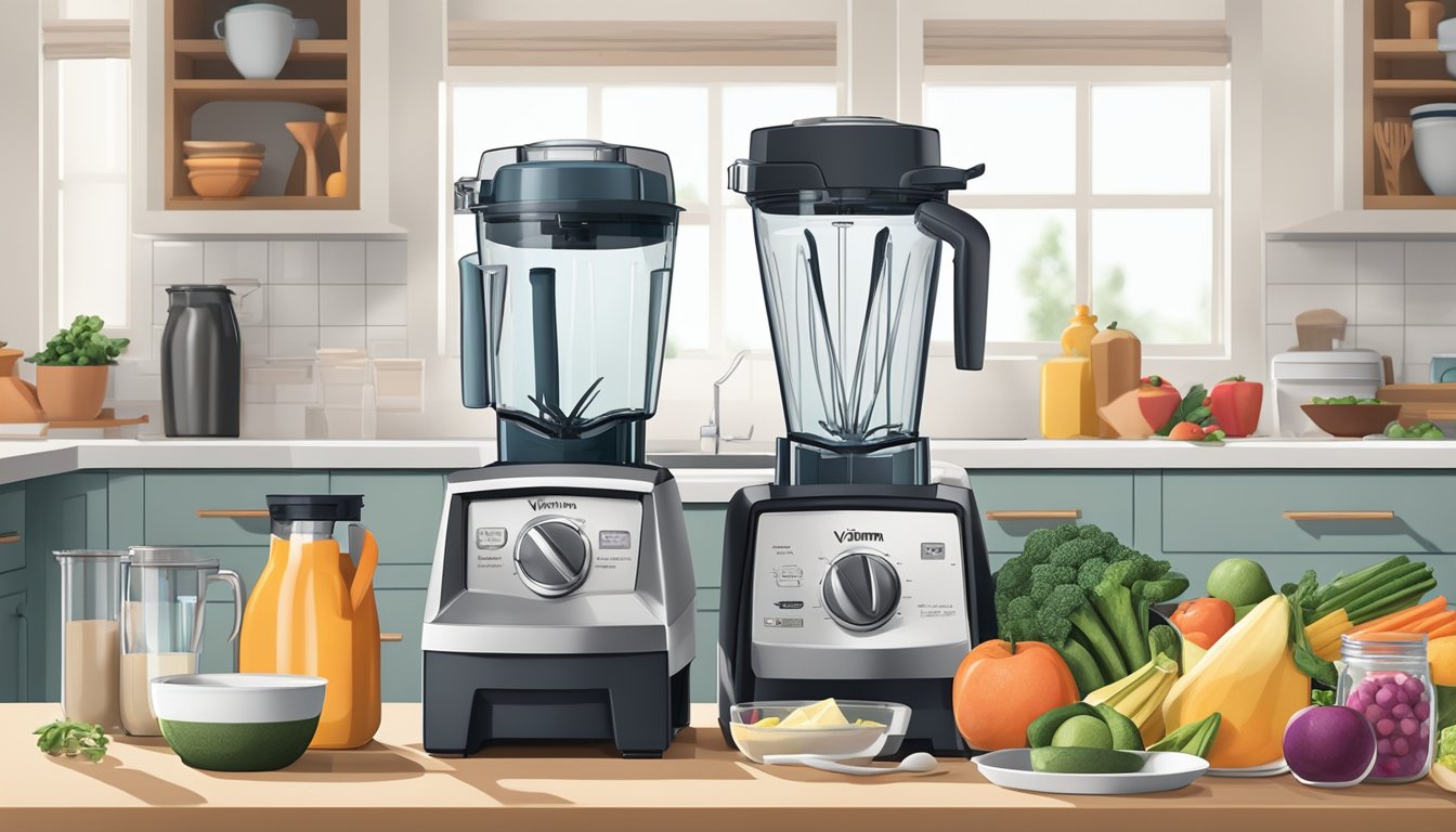 A clean, organized kitchen with a Vitamix blender on the counter, surrounded by neatly arranged ingredients and utensils for a dinner party