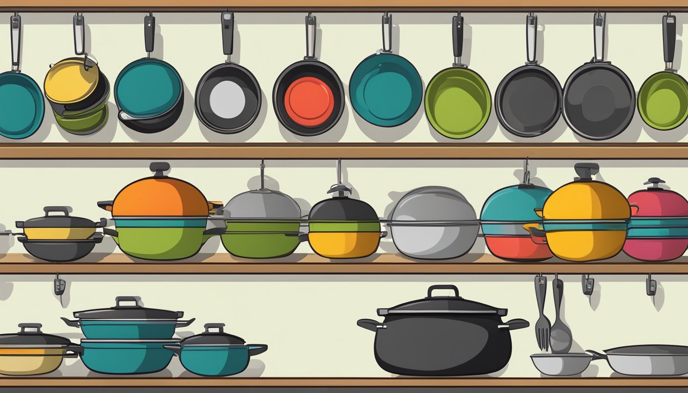 A row of neatly stacked woks and stir fry pans on a kitchen shelf, with hooks for hanging and a labeled storage container for accessories