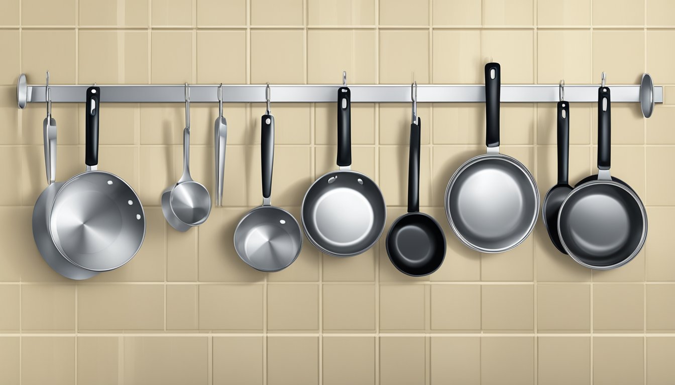 A row of stainless steel hooks on a kitchen wall, each holding a wok or stir fry pan, neatly organized and ready for use in a professional kitchen