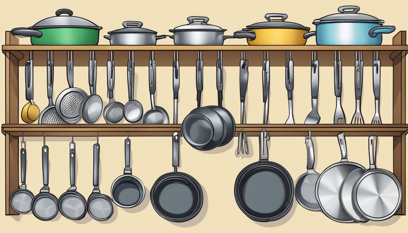 A neatly organized kitchen cabinet with hooks and racks holding various woks and stir fry pans