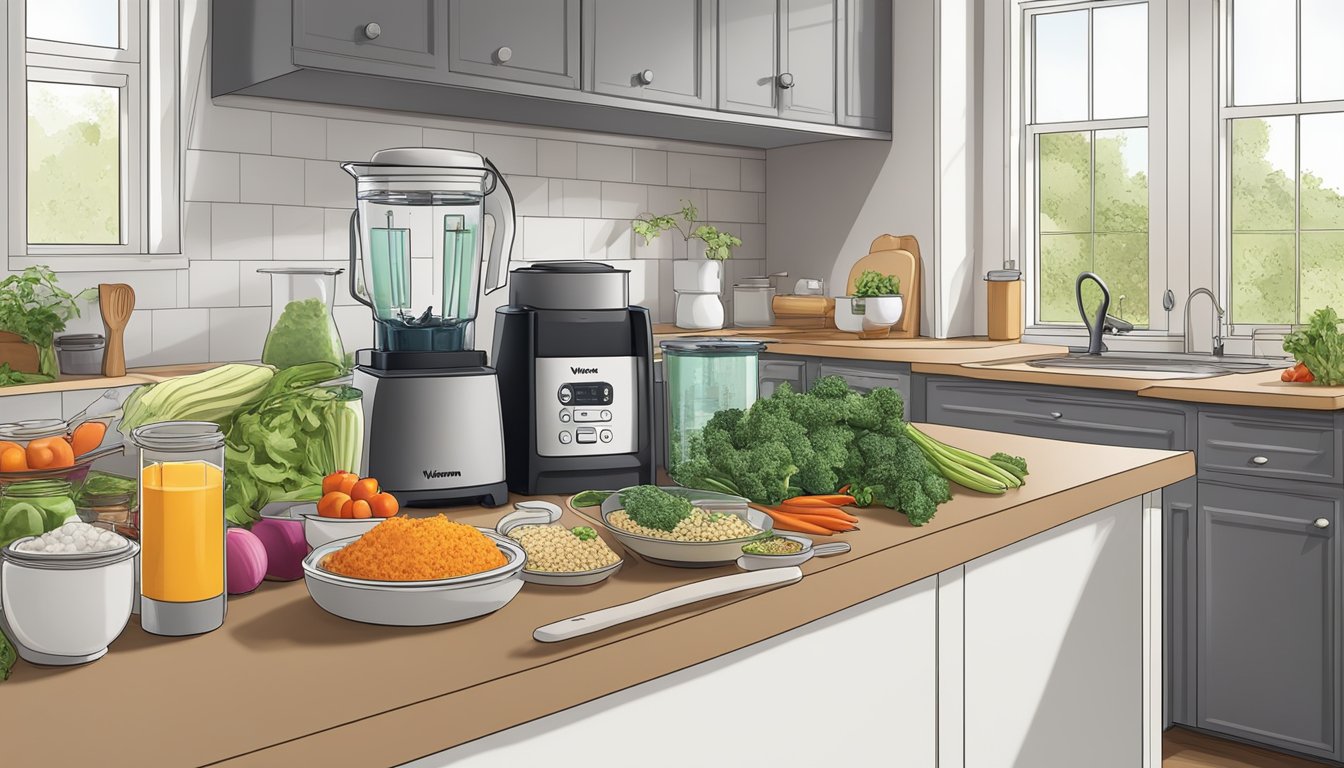 A well-organized kitchen counter with a Vitamix blender, neatly arranged main course ingredients, and a pot of soup simmering on the stove