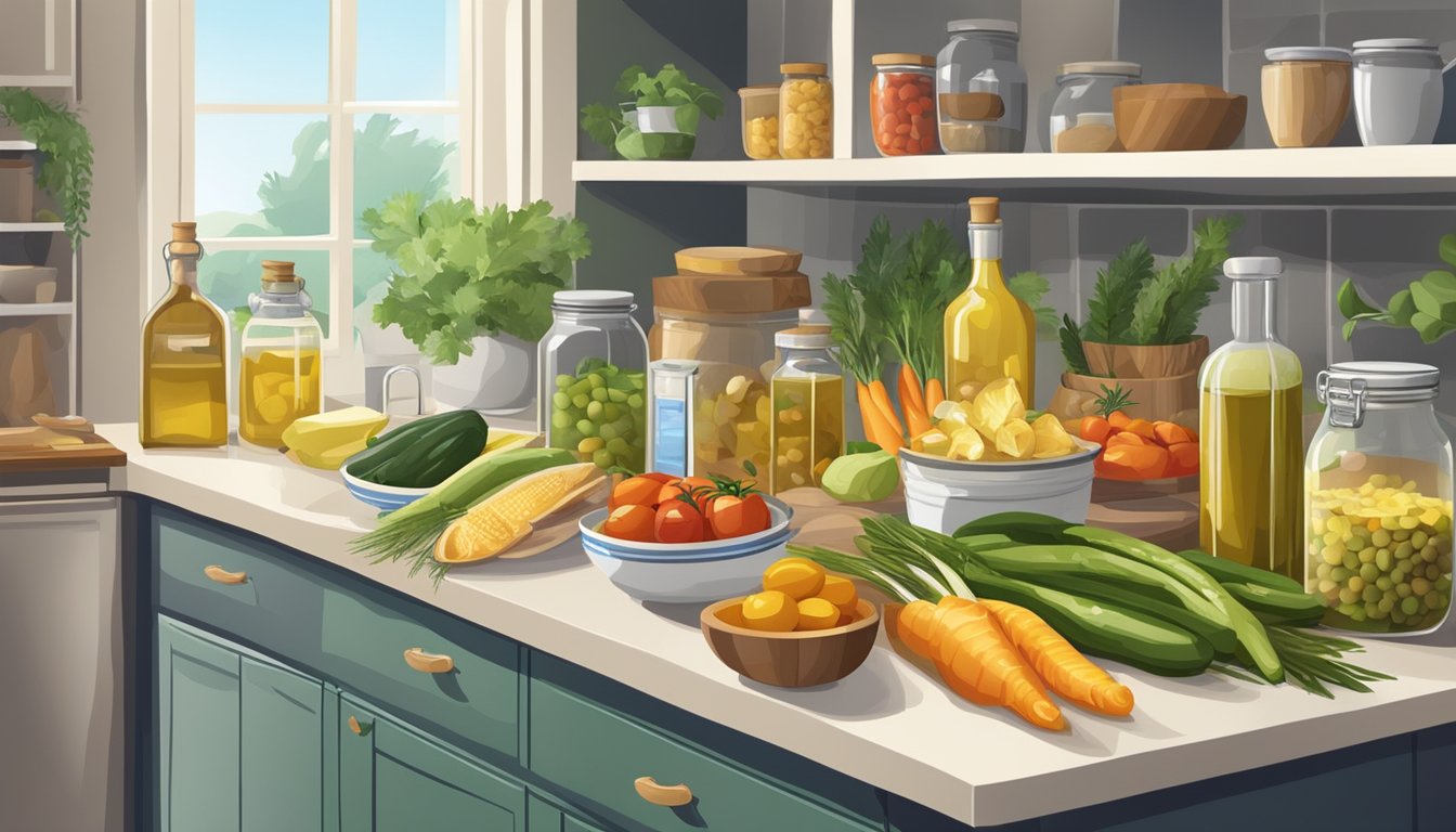 A well-organized kitchen with fresh Mediterranean ingredients, olive oil, fish, nuts, and colorful vegetables neatly arranged in a pantry and on countertops