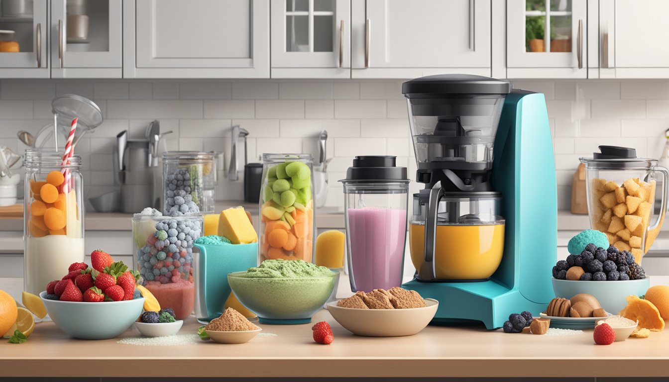 A well-organized kitchen counter with a Vitamix blender surrounded by various dessert ingredients and frozen treats