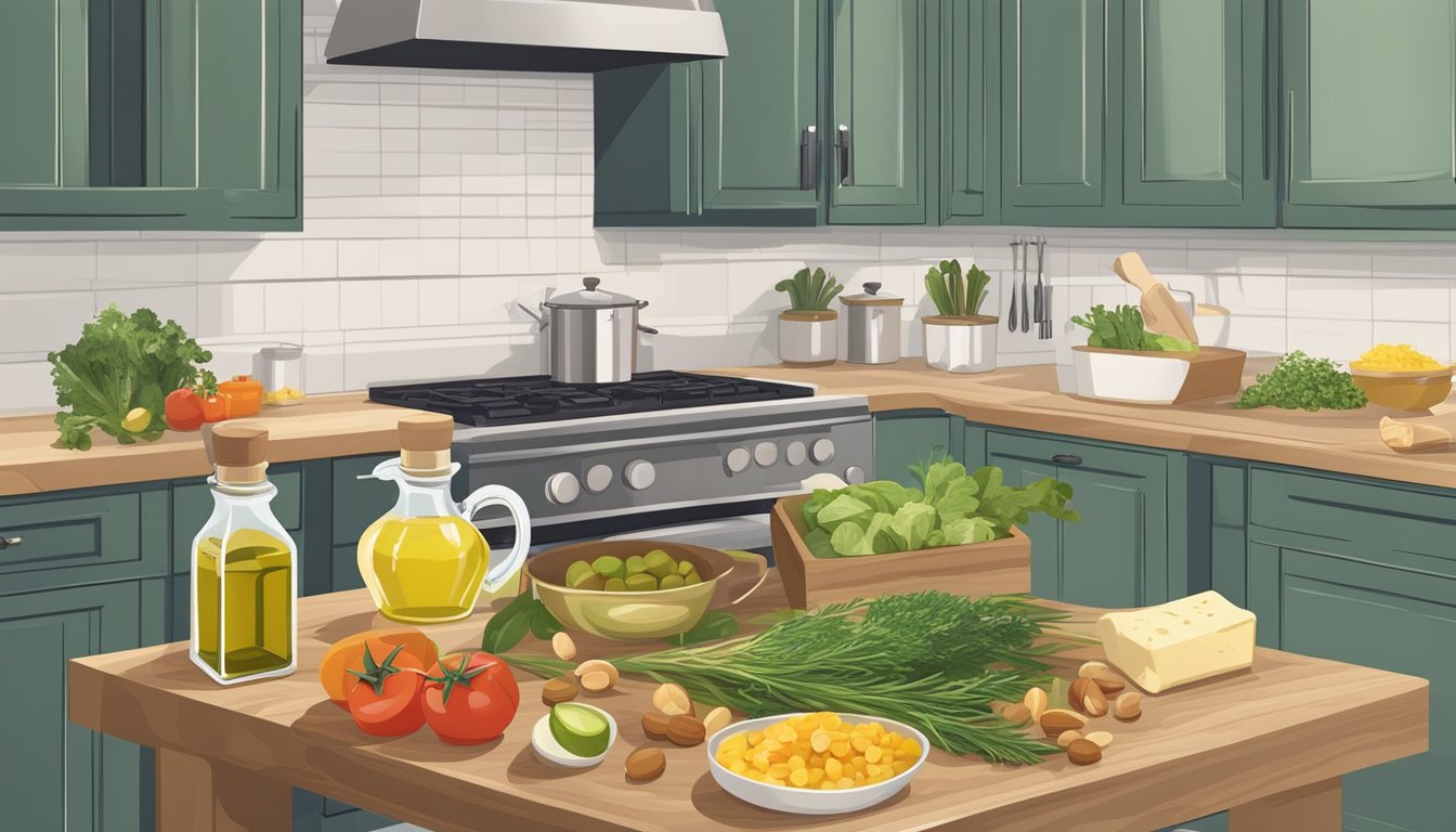 A neatly organized kitchen with labeled containers of olive oil, nuts, vegetables, and herbs. A cutting board with freshly chopped vegetables and a cookbook open to a Mediterranean recipe