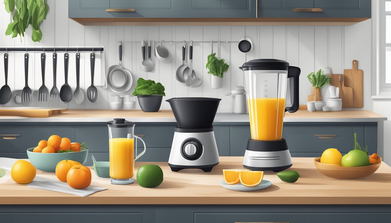 A well-organized kitchen with a juicer on the counter, surrounded by neatly arranged cooking utensils and ingredients for a dinner party