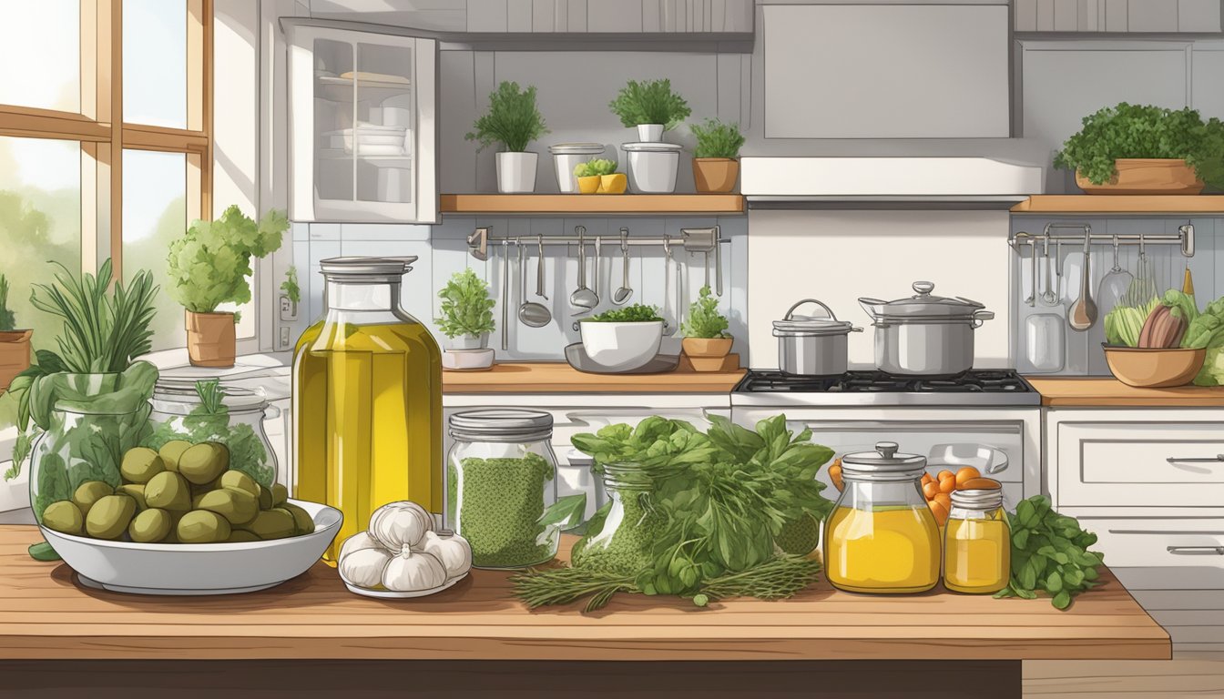 A well-organized kitchen with labeled containers of fresh produce, olive oil, and herbs. A cookbook open to a page on ketogenic Mediterranean recipes sits on the counter