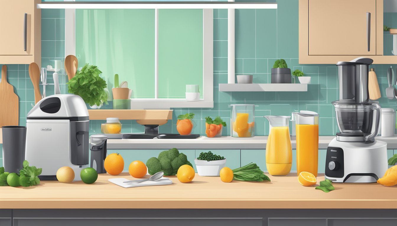 A kitchen counter with neatly arranged cooking utensils and ingredients, a juicer placed in a convenient spot, and a clean, clutter-free workspace