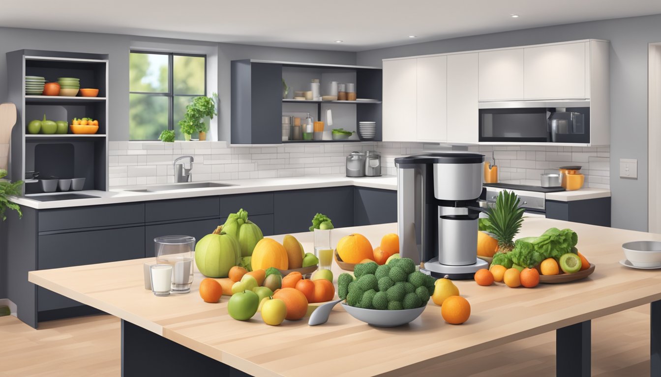 A clean, organized kitchen with a sleek juicer on the counter. Fresh fruits and vegetables neatly arranged nearby. A table set for a dinner party in the background