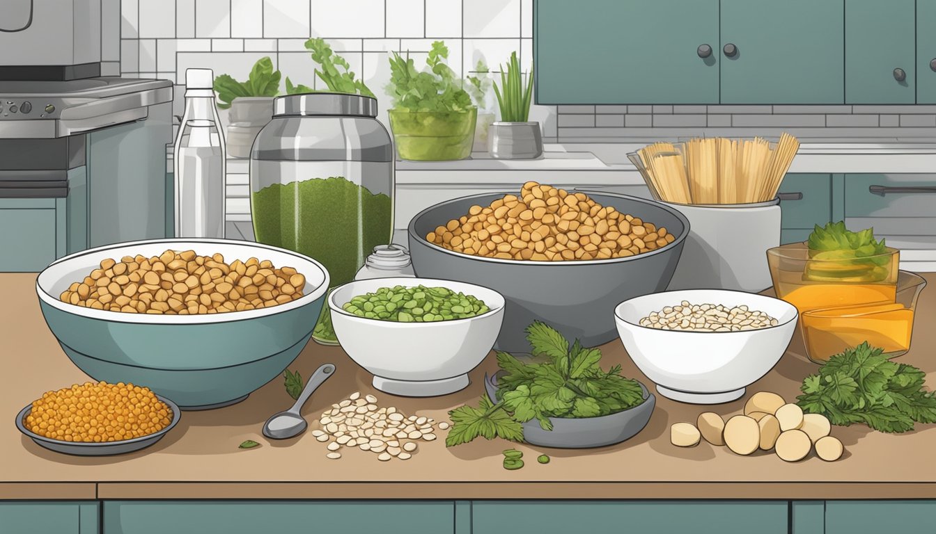 A clean kitchen counter with organized bowls, utensils, and ingredients for tempeh making