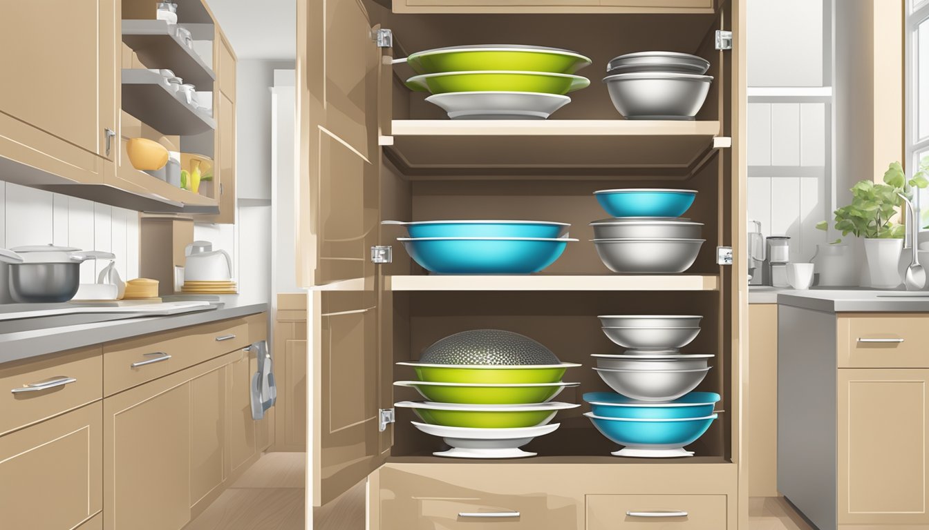 A kitchen cabinet with neatly organized salad spinners and colanders stacked on top of each other