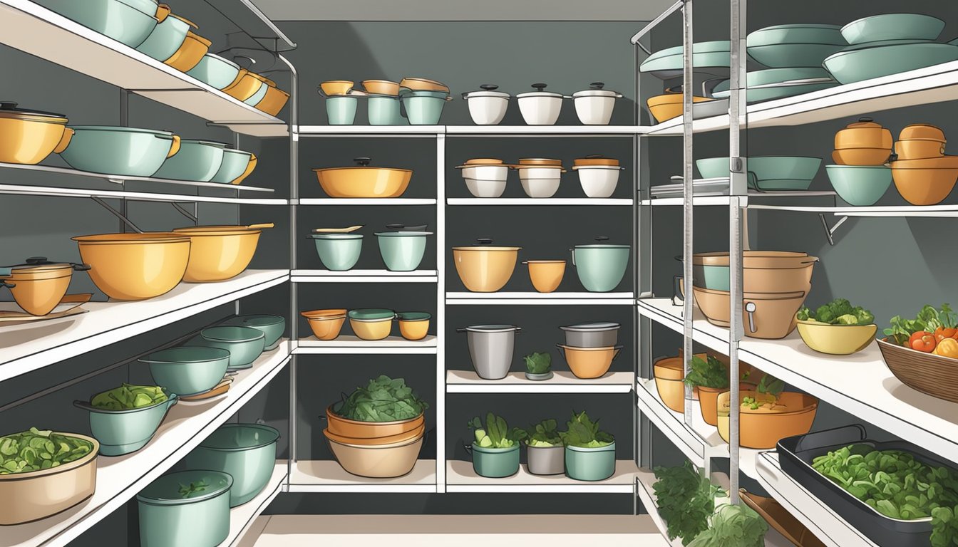 Salad spinners and colanders neatly organized on shelves in a spacious, well-lit kitchen pantry