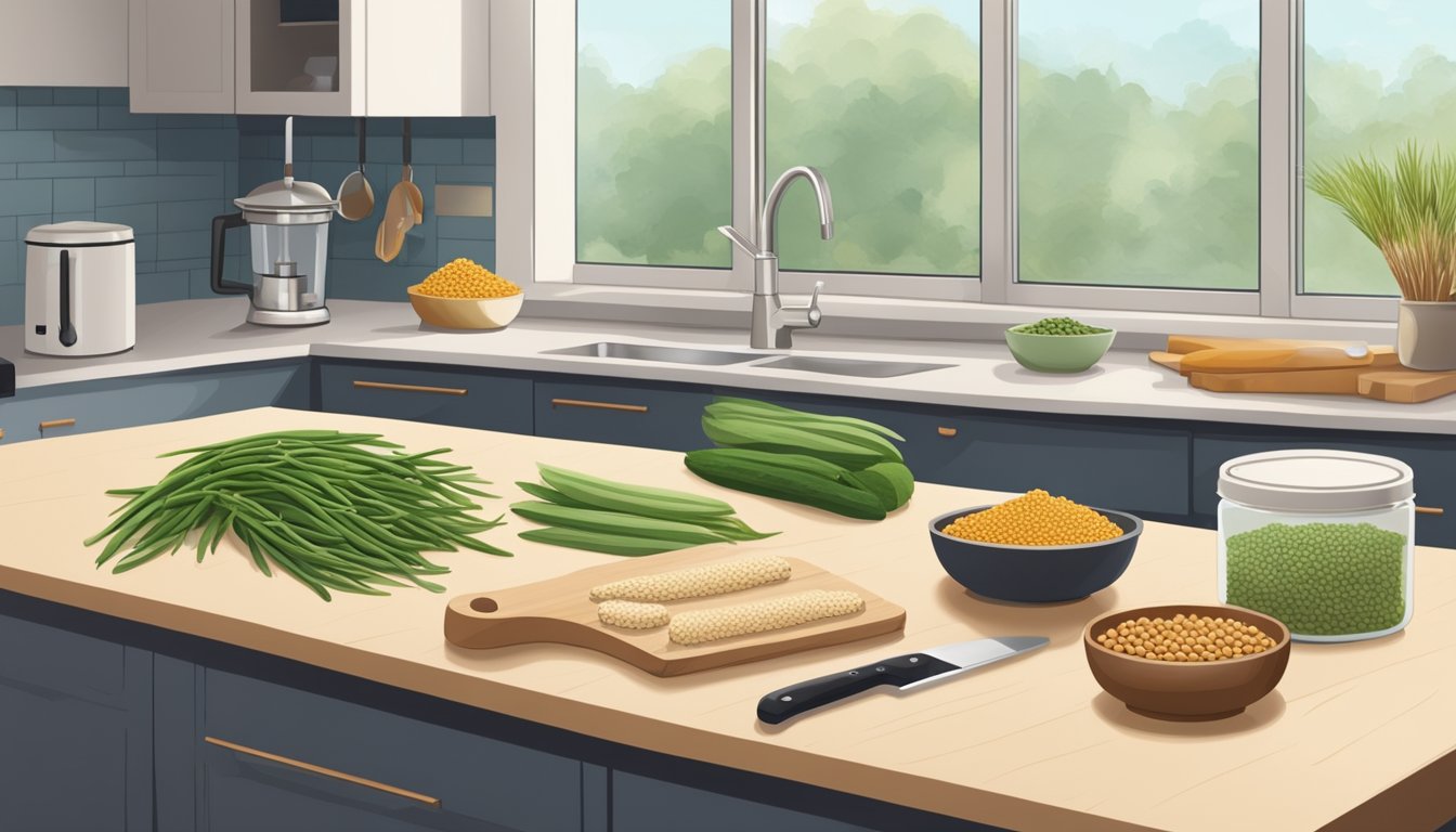 A clean, spacious kitchen counter with neatly arranged tempeh-making tools and ingredients, including a cutting board, knife, soybeans, and a fermentation container