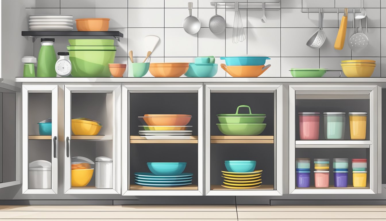 A clean, organized kitchen cabinet with neatly stacked salad spinners and colanders. A labeled shelf with cleaning supplies nearby