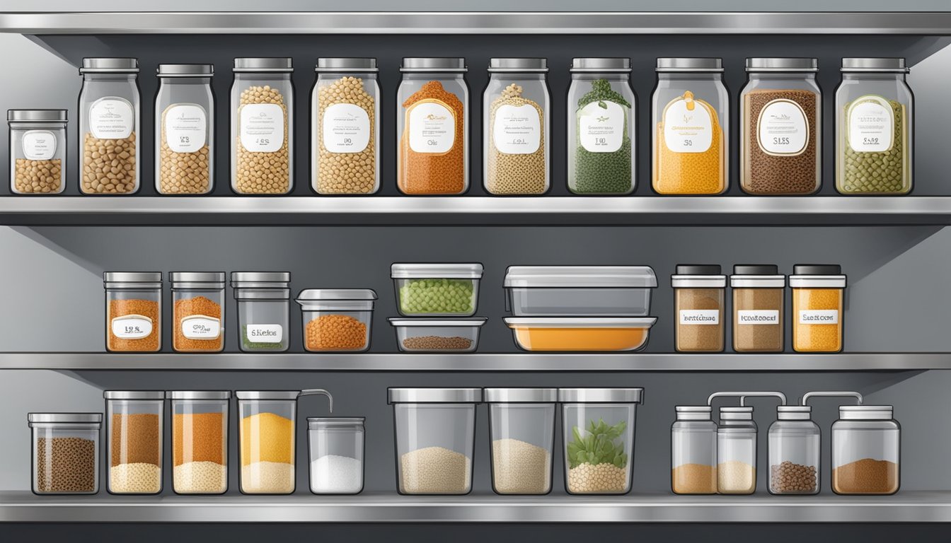 A stainless steel countertop with labeled containers of soybeans, spices, and starter culture. Shelves hold fermentation vessels, molds, and utensils