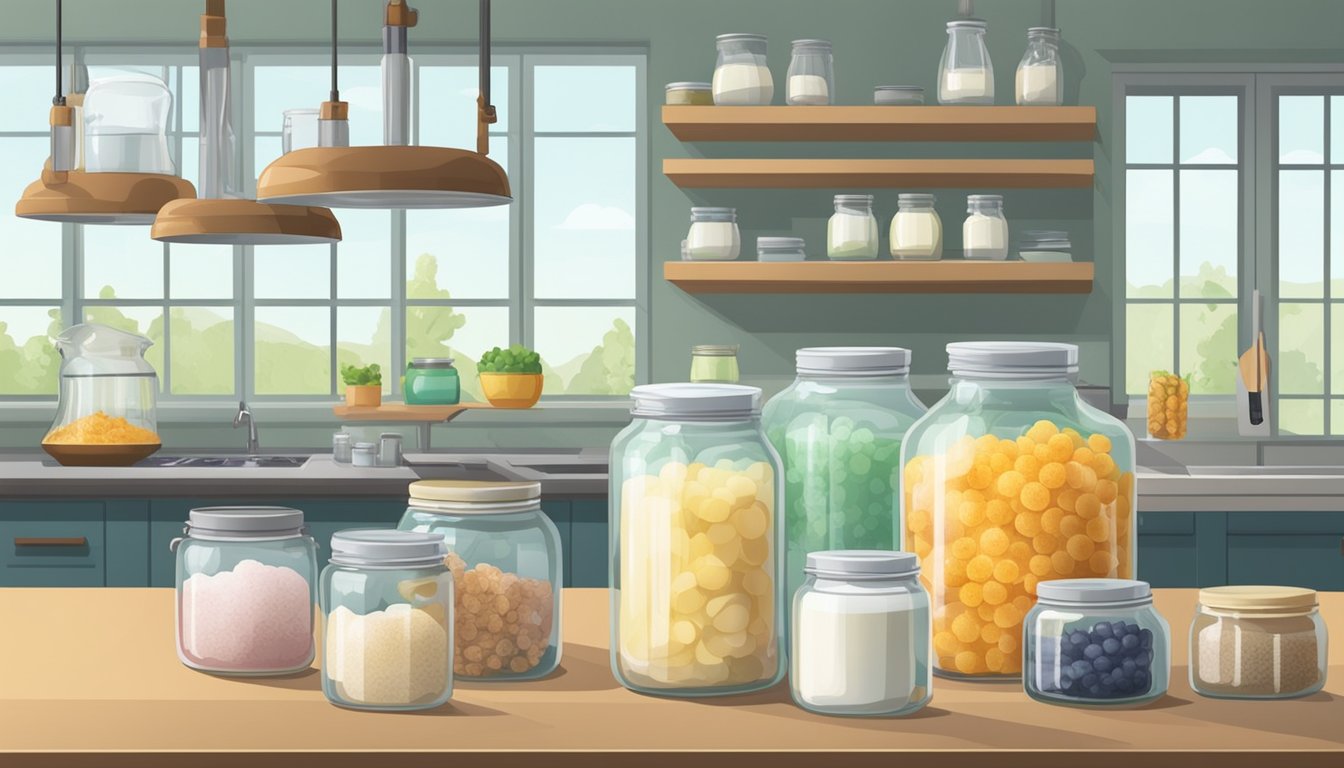 A clean, well-lit kitchen counter with organized jars, bottles, and utensils for making kefir. A large glass jar of fermenting kefir sits in the center