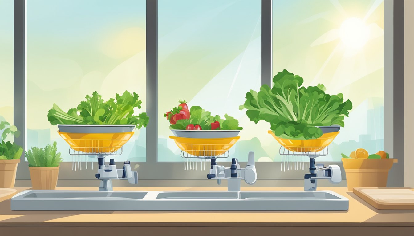 A row of clean, upside-down salad spinners and colanders drip-drying on a wire rack next to a sunny kitchen window