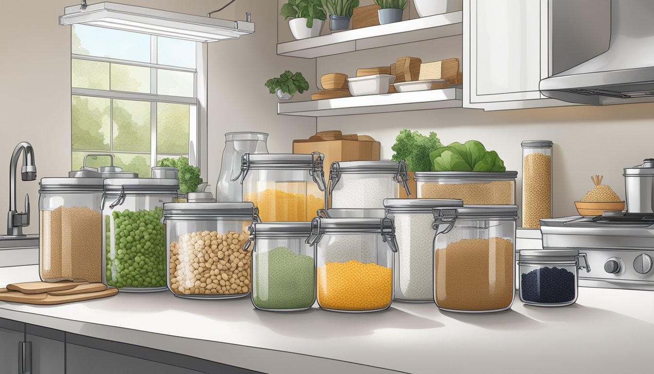 A clean, organized kitchen counter with labeled containers of tempeh-making ingredients, utensils, and a clear workspace