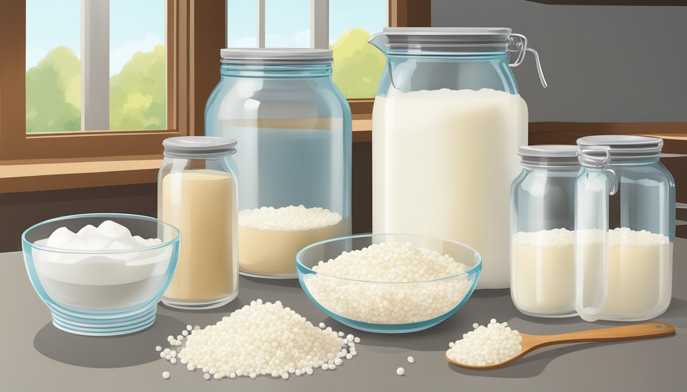 A clean and organized kitchen counter with jars, strainers, and measuring cups for making kefir. A bowl of fresh milk sits next to a container of kefir grains