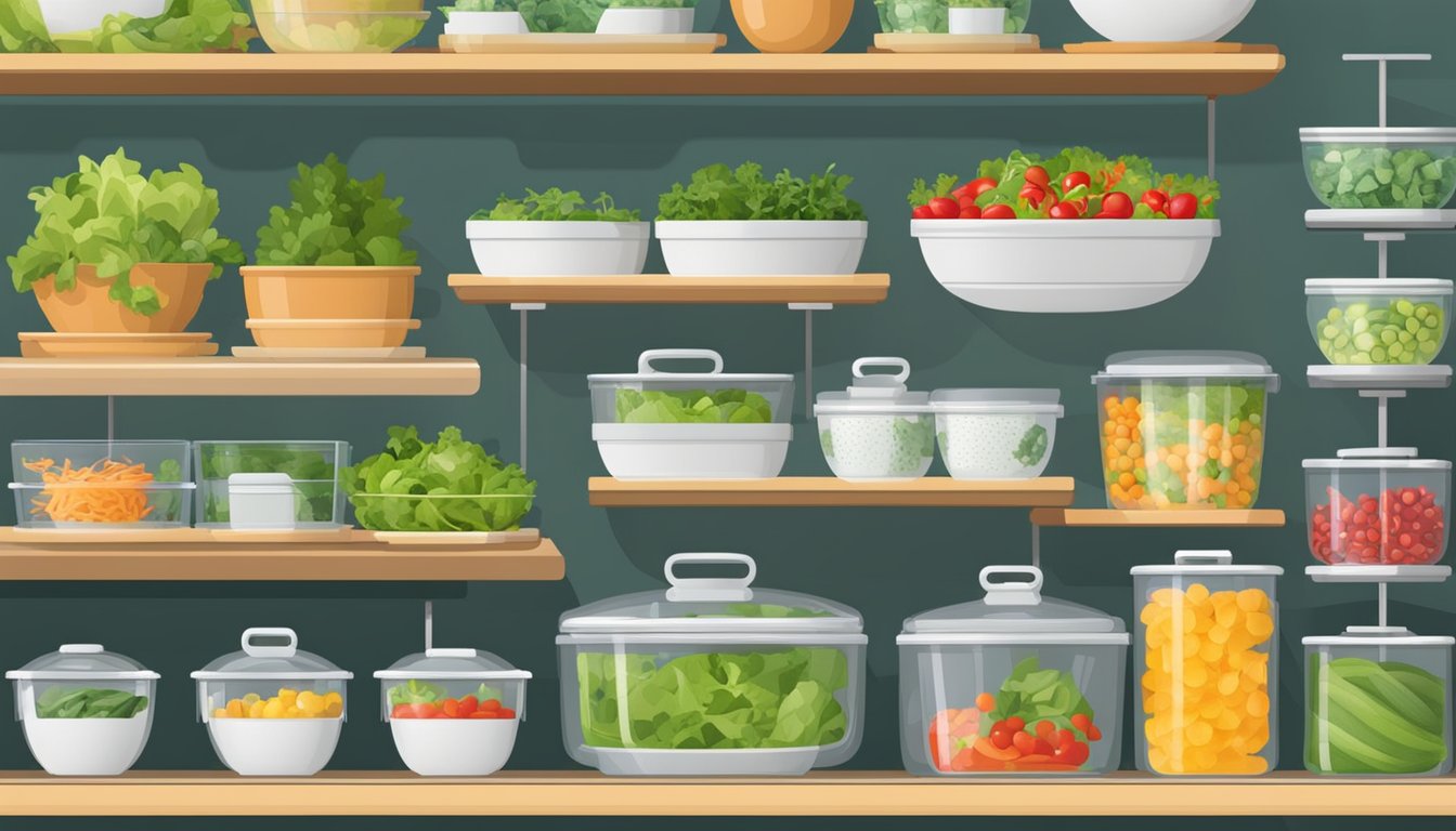 Salad spinners and colanders neatly organized on shelves with labeled containers for easy access