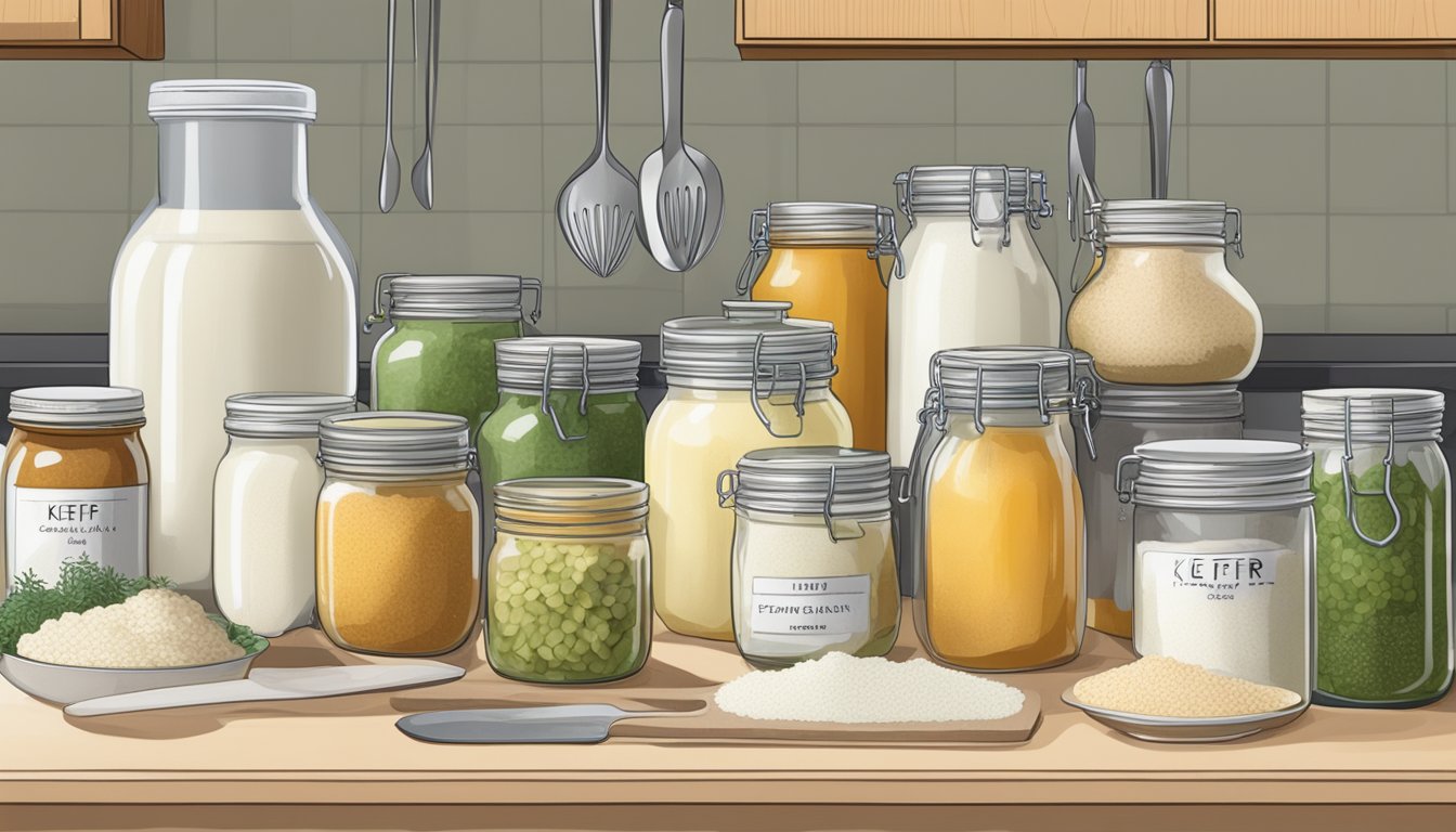 A clean, organized kitchen counter with jars of fermenting kefir, labeled ingredients, and utensils neatly arranged for the kefir making process