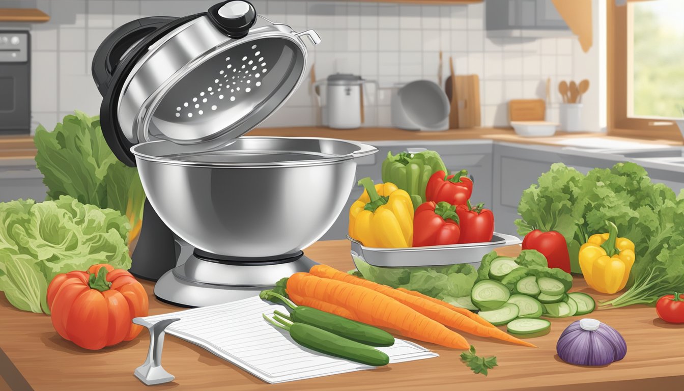 A kitchen counter with a salad spinner and colander next to a stack of colorful vegetables and a recipe book open to a page featuring a dish incorporating both tools