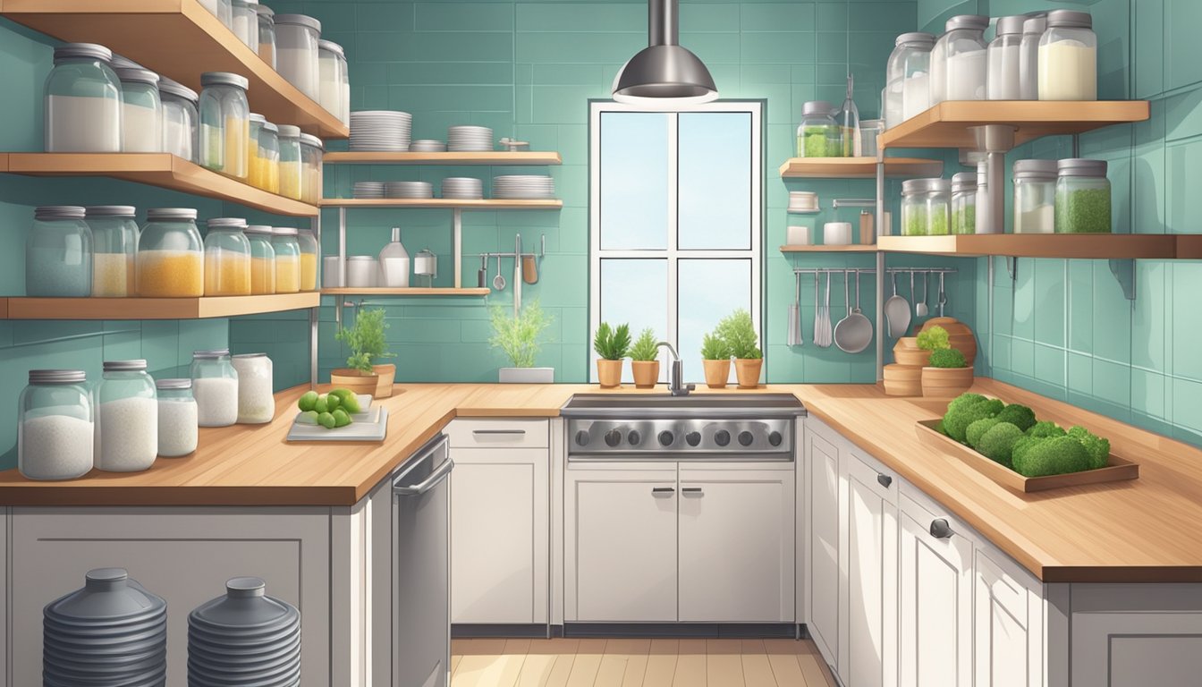 A clean, well-lit kitchen with a designated area for making kefir. Shelves hold jars, bottles, and utensils neatly arranged for easy access