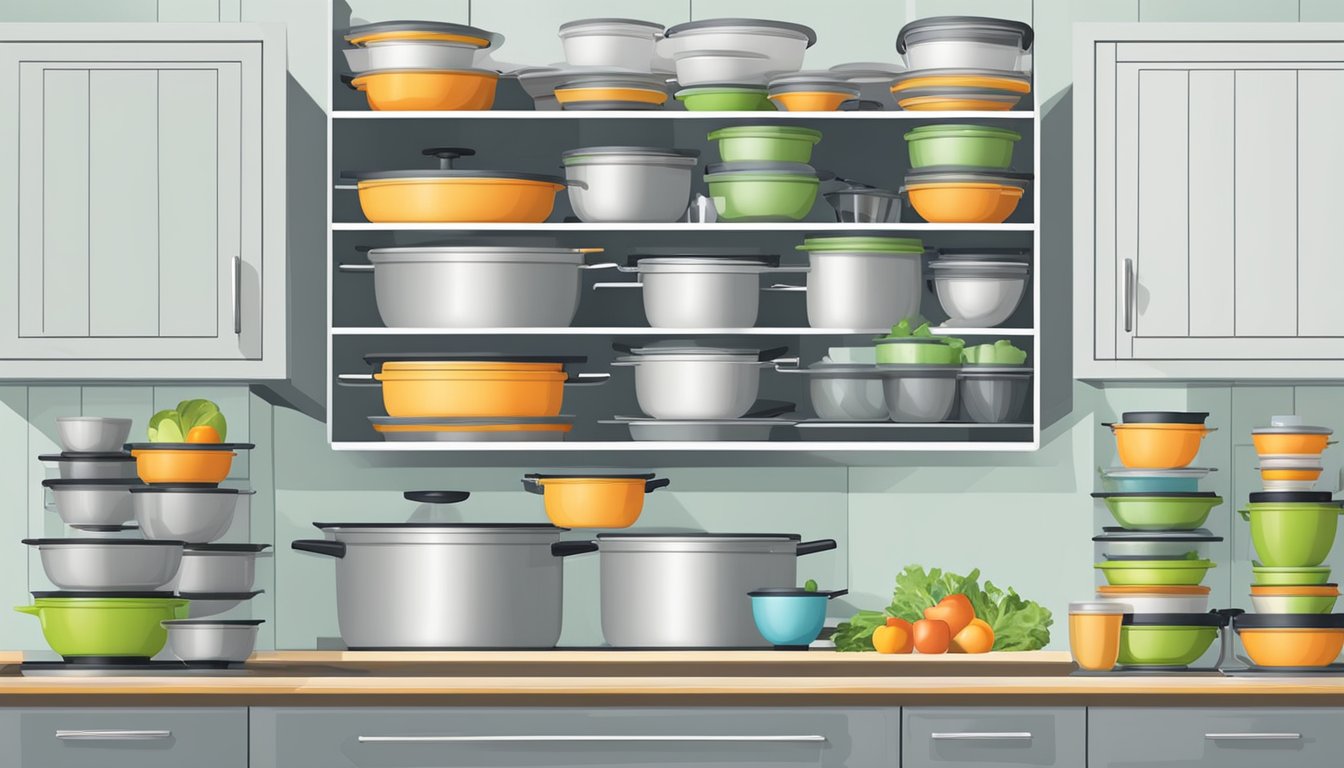 A well-organized kitchen cabinet with neatly stacked and nested salad spinners and colanders, with lids and handles aligned for easy access and maximum space efficiency