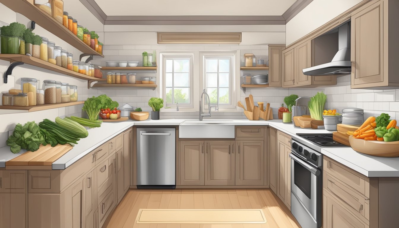 A spacious kitchen with labeled storage for fresh produce, whole grains, and lean proteins. A meal prep area with cutting boards and utensils