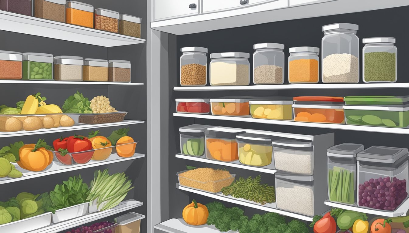 A well-organized kitchen with labeled containers of fresh fruits, vegetables, and whole grains. Spices and herbs neatly arranged on a shelf, and a variety of lean proteins in the refrigerator