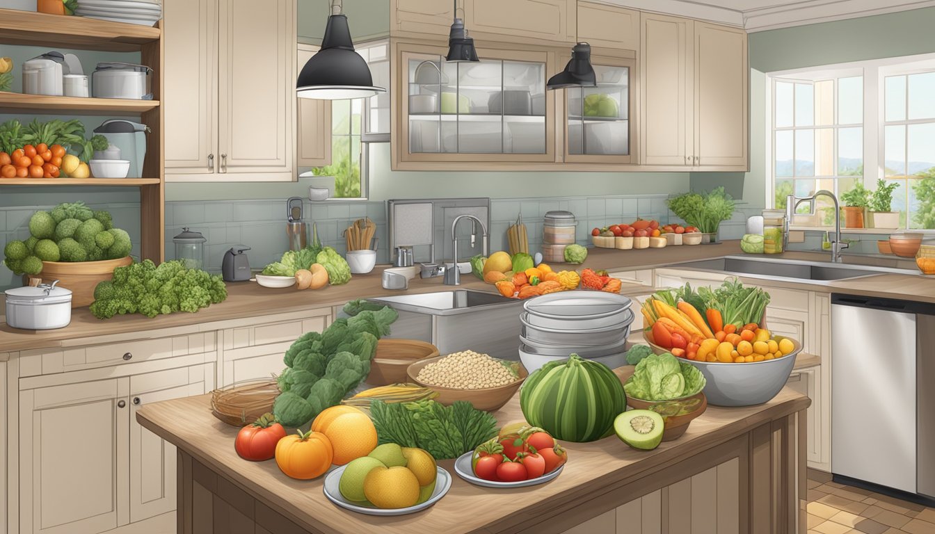 A well-organized kitchen with an abundance of fresh fruits, vegetables, whole grains, nuts, and fish neatly arranged in designated areas