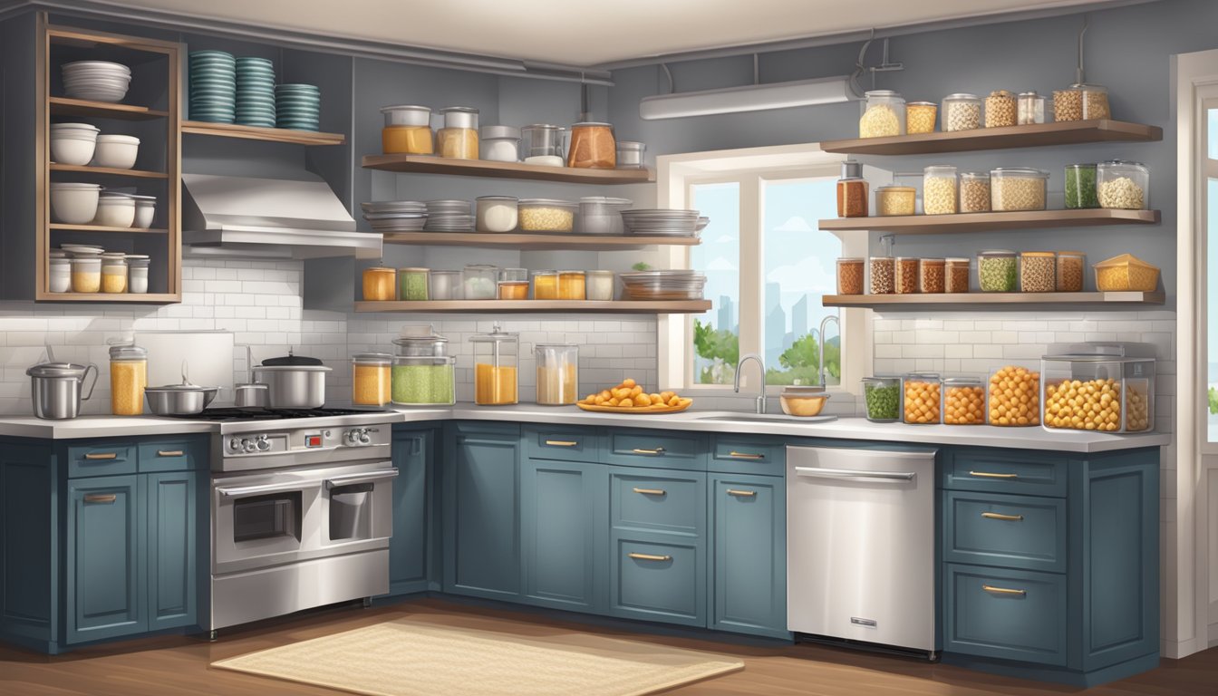 A spacious, well-organized kitchen with a sleek popcorn machine as the centerpiece. Shelves neatly stocked with various ingredients and utensils for preparing a dinner party menu