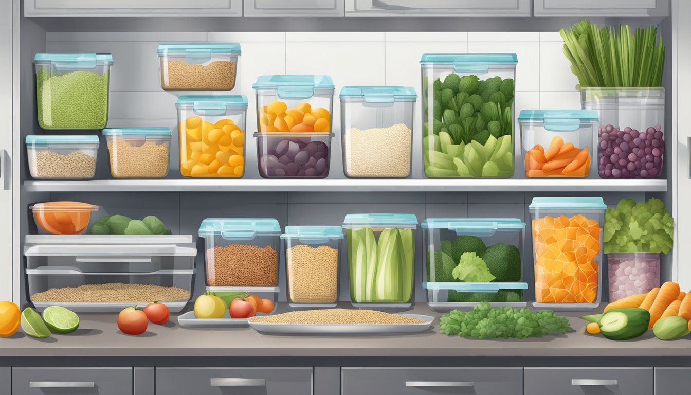 A well-organized kitchen with a variety of fresh fruits, vegetables, whole grains, and lean proteins neatly arranged in clear containers and labeled for easy access