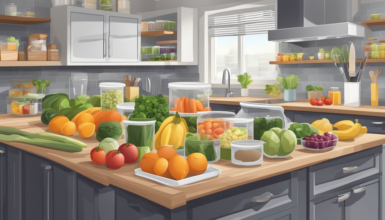 A well-organized kitchen with labeled containers of fresh fruits, vegetables, and lean proteins. A meal prep station with cutting boards, knives, and measuring cups