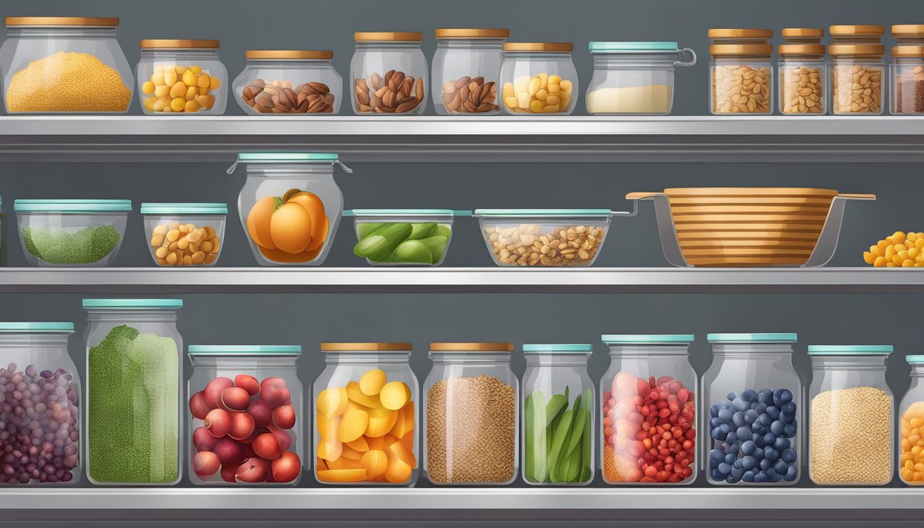 A neatly organized kitchen pantry with colorful fruits, vegetables, whole grains, and nuts in clear containers