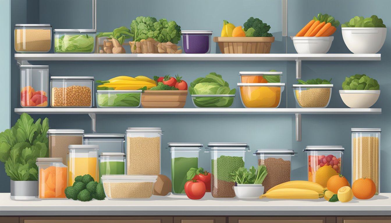 A well-organized kitchen with labeled containers of fresh fruits, vegetables, whole grains, and lean proteins. A cookbook open to a page on Dash diet recipes