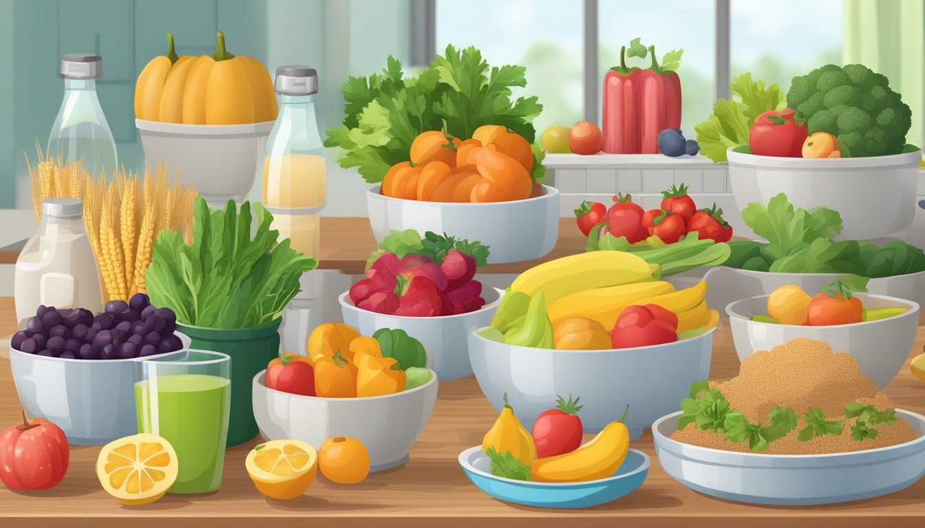 A neatly organized kitchen with fresh fruits and vegetables, whole grains, and lean proteins. A dining table set with colorful, healthy meals