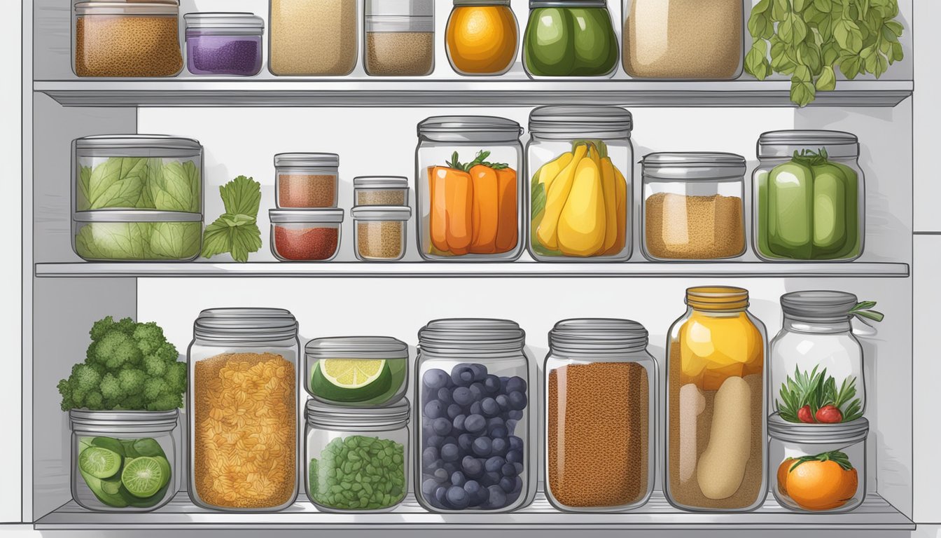 A well-organized kitchen with colorful fruits, vegetables, and whole grains displayed in clear containers. Spices and herbs neatly arranged on a spice rack