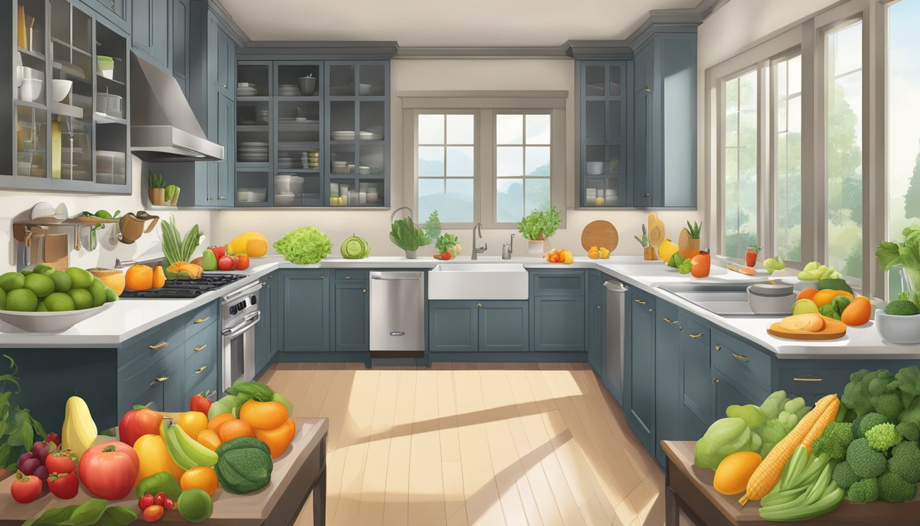 A neatly organized kitchen with colorful fruits and vegetables displayed in a clear, accessible manner