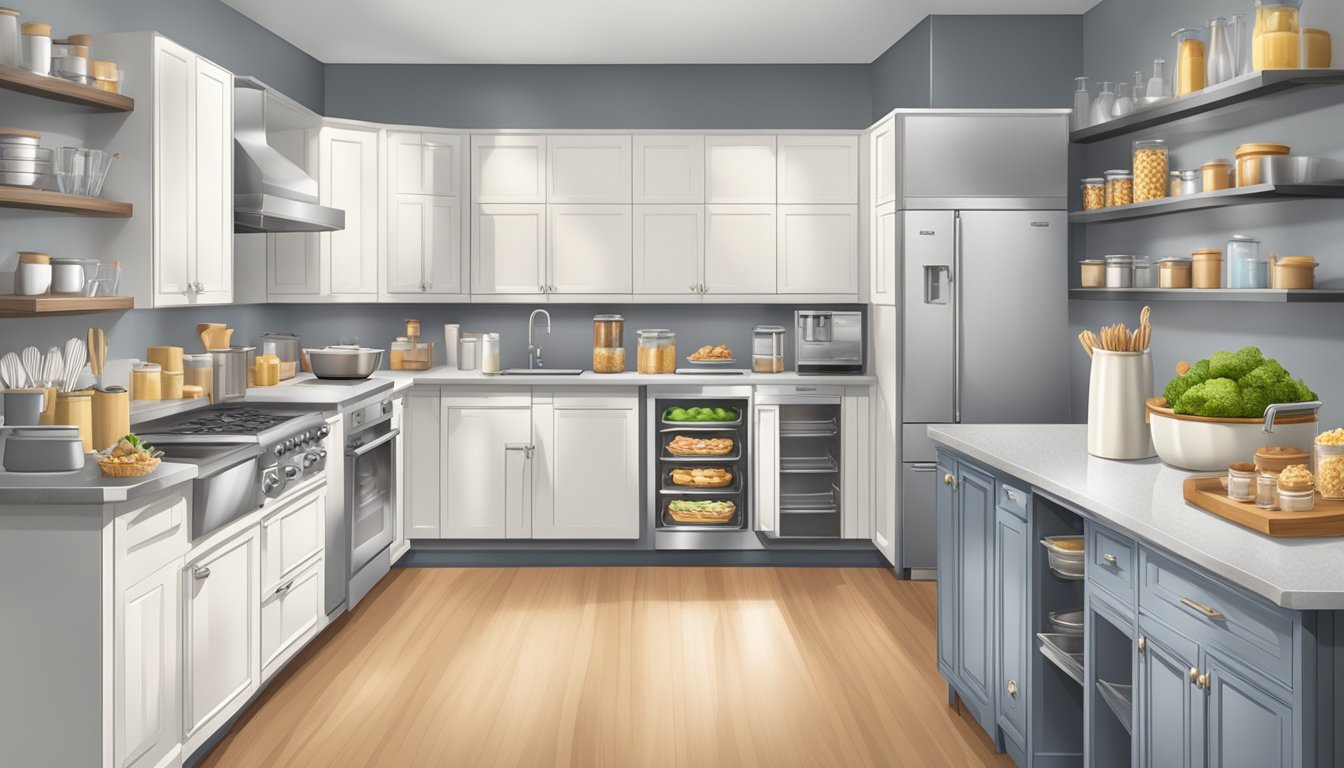 A well-organized kitchen with a sleek popcorn machine as the centerpiece, surrounded by neatly arranged serving trays, utensils, and ingredients for a dinner party