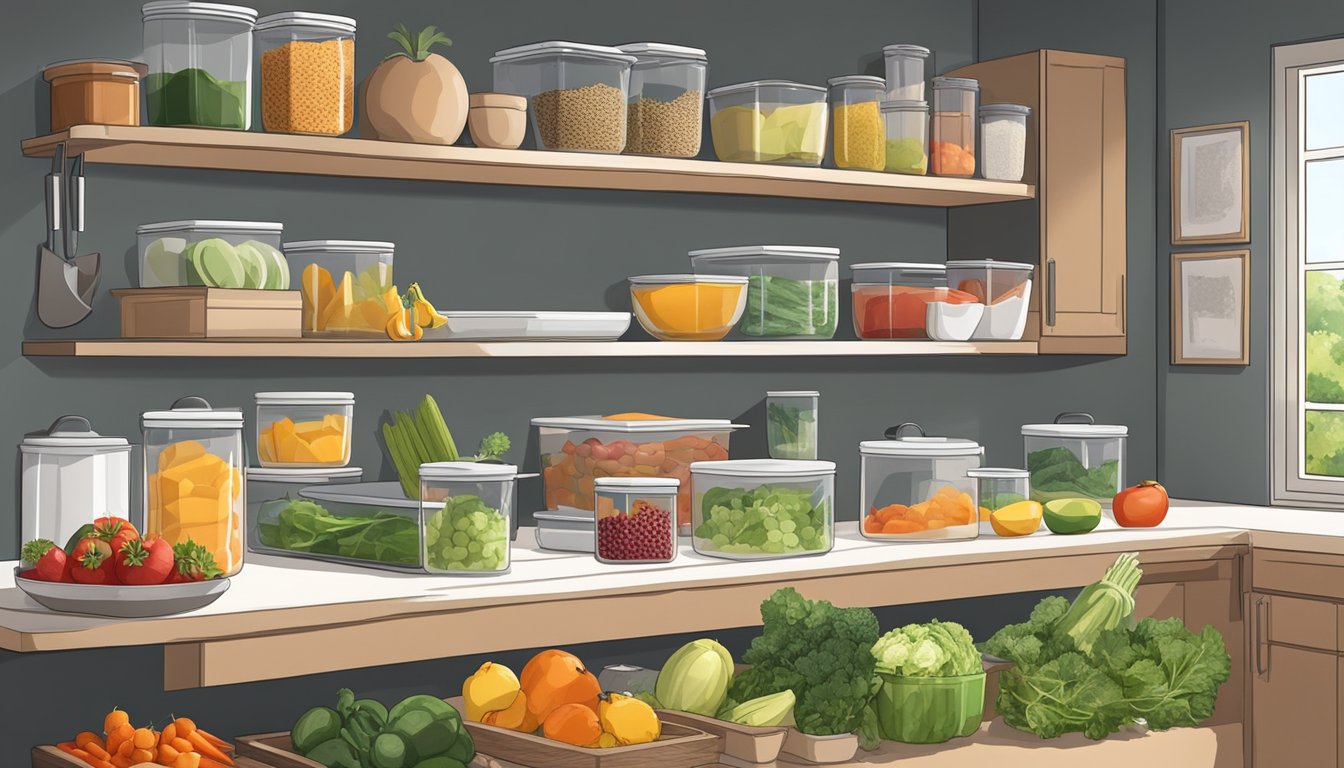 A kitchen with organized shelves of fresh fruits, vegetables, whole grains, and lean proteins. A meal prep area with cutting boards, knives, and containers for portioning out meals