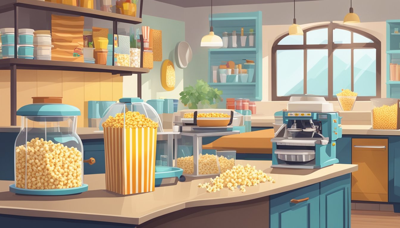 The kitchen counter is neatly arranged with plates, cutlery, and serving dishes. A popcorn machine sits in the corner, surrounded by bags of kernels and colorful popcorn boxes