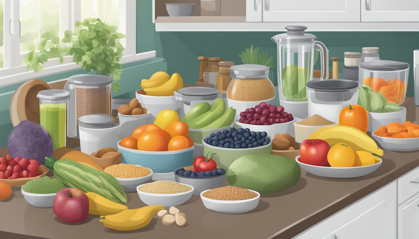 A neatly organized kitchen with labeled containers of fruits, vegetables, nuts, and whole grains. A variety of kitchen gadgets and tools, such as a food scale and blender, are neatly arranged on the counter