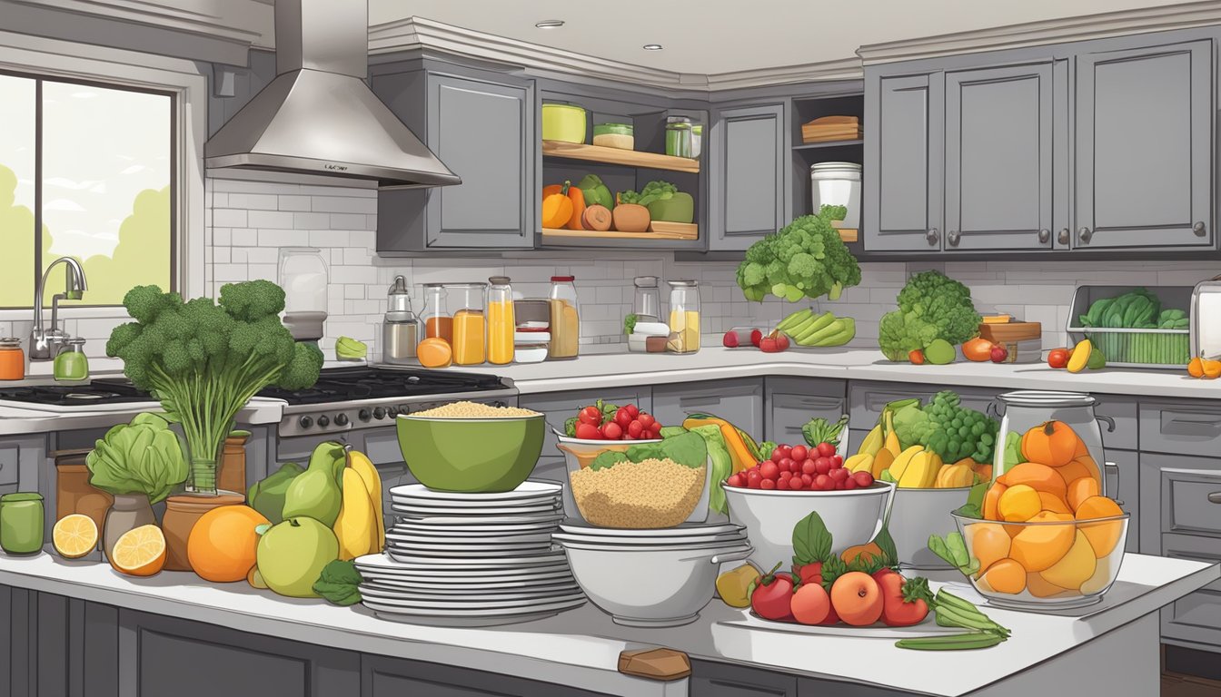 A well-organized kitchen with colorful fruits, vegetables, whole grains, and lean proteins neatly arranged in designated areas, with a prominent display of healthy cookbooks and meal prep containers