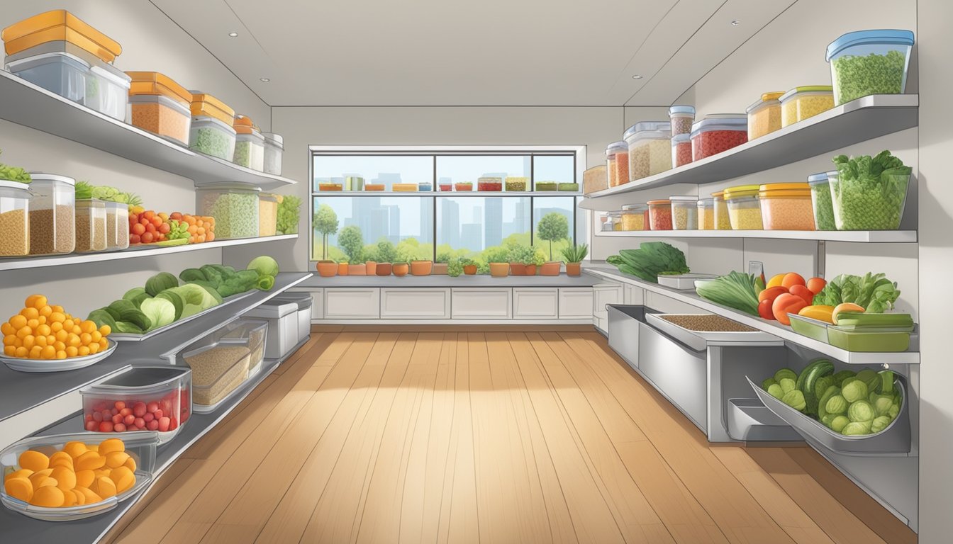 A well-organized kitchen with labeled containers of fresh fruits, vegetables, and whole grains. Colorful and inviting space with clear storage for Feingold Diet compliance