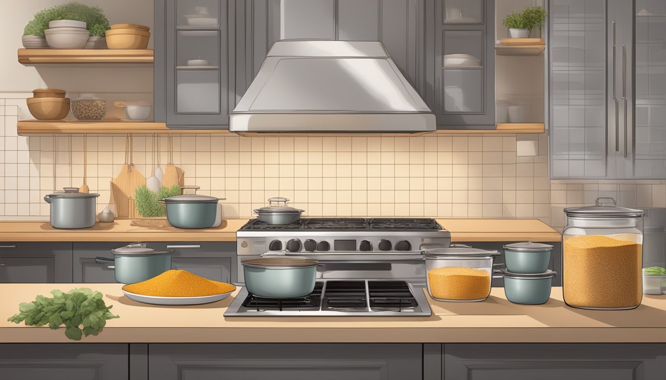 A well-lit, spacious kitchen with a clear countertop featuring organized containers of vital wheat gluten, spices, and mixing bowls. A large pot and stove are nearby for cooking the seitan