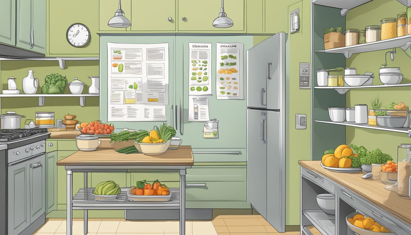 A kitchen with labeled containers of low oxalate foods, a chart on the wall, and a cookbook open to a low oxalate recipe